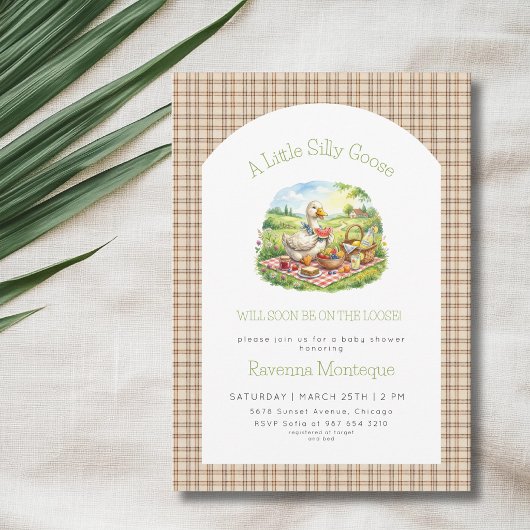 Silly Goose Picnic Brown Gingham Baby Shower 招待状