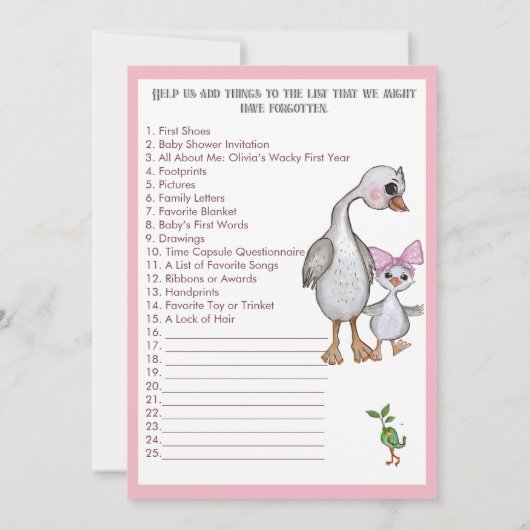 Silly Goose Pink Bow Birthday Time Capsule Game 招待状 (裏面)