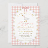 Silly Goose Pink Bow Daisy Gingham Baby Shower 招待状 (正面)