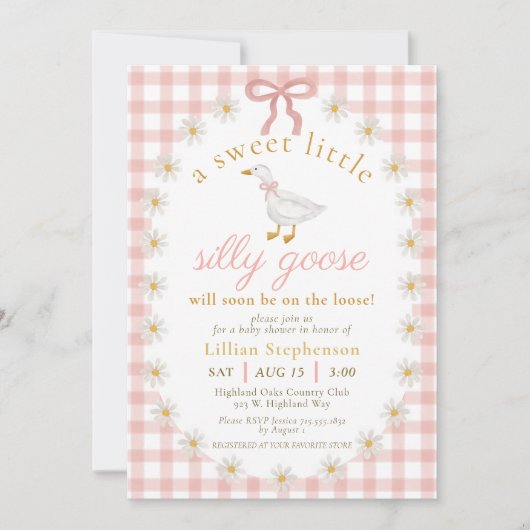 Silly Goose Pink Bow Daisy Gingham Baby Shower 招待状 (正面)