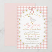 Silly Goose Pink Bow Daisy Gingham Baby Shower 招待状 (正面/裏面)