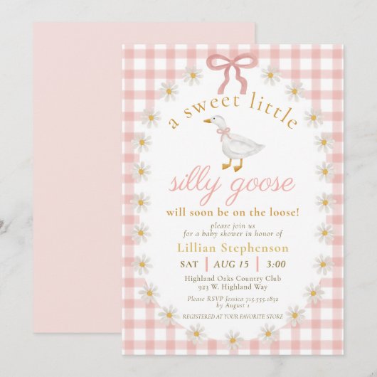 Silly Goose Pink Bow Daisy Gingham Baby Shower 招待状 (正面/裏面)