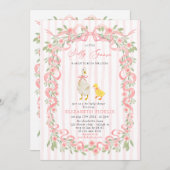 Silly Goose Pink Bow Floral QR Code Baby Shower 招待状 (正面/裏面)