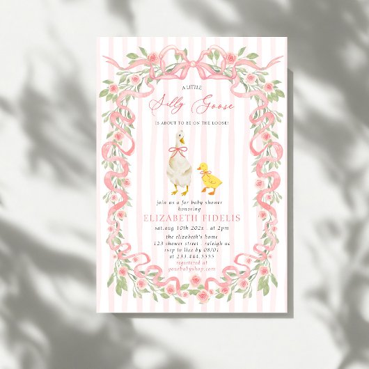  Silly Goose Pink Bow Floral QR Code Baby Shower  招待状