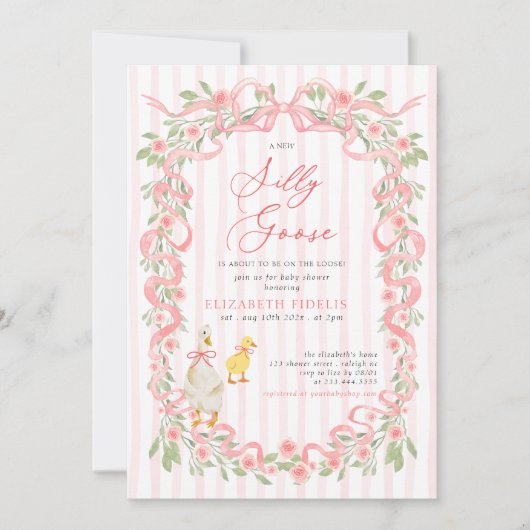  Silly Goose  Pink Bow Floral Roses Baby Shower 招待状 (正面)