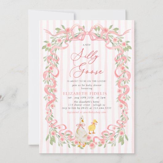  Silly Goose  Pink Bow Floral Roses Baby Shower 招待状 (正面)
