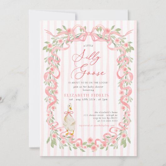 Silly Goose Pink Bow Floral Roses Baby Shower 招待状 (正面)