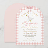 Silly Goose Pink Bow Gingham Baby Shower Arch 招待状 (正面/裏面)