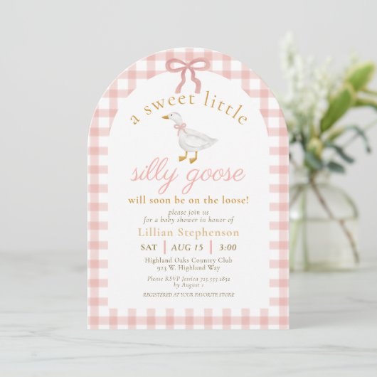 Silly Goose Pink Bow Gingham Baby Shower Arch 招待状 (スタンド正面)