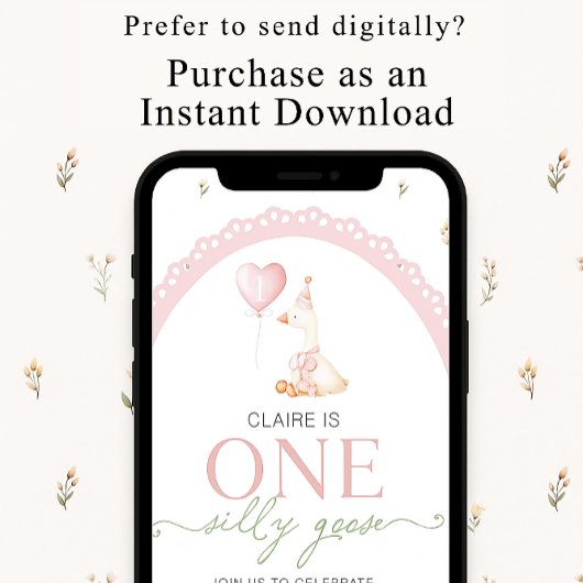 Silly Goose Pink Floral First Birthday 招待状