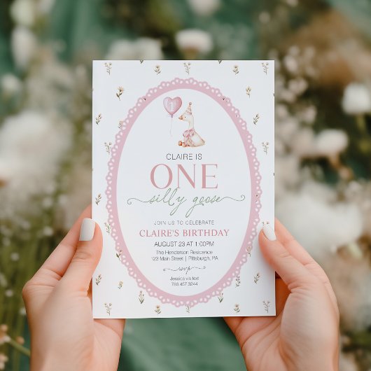 Silly Goose Pink Floral First Birthday 招待状