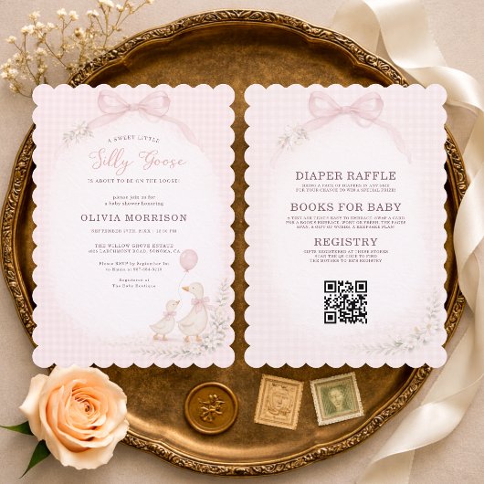 Silly Goose Pink Gingham All in One Baby Shower 招待状