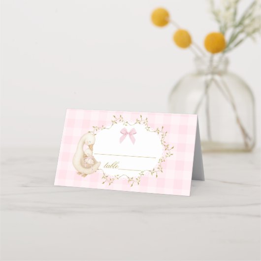 Silly Goose Pink Gingham baby shower プレイスカード (正面)