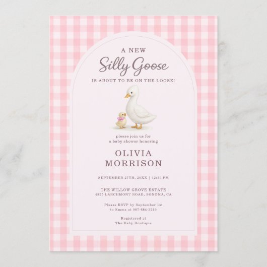 Silly Goose Pink Gingham Baby Shower 招待状 (正面)