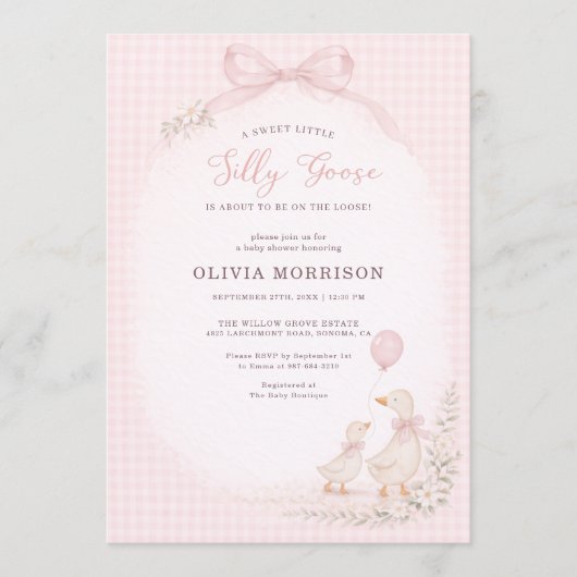 Silly Goose Pink Gingham Baby Shower 招待状 (正面)