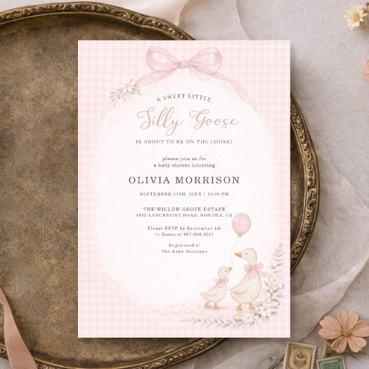 Silly Goose Pink Gingham Baby Shower 招待状