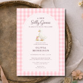 Silly Goose Pink Gingham Baby Shower 招待状