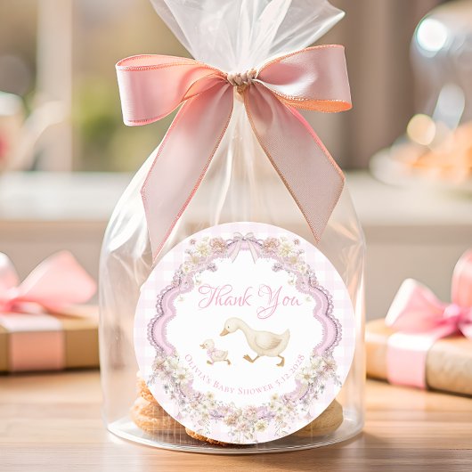 Silly Goose Pink Gingham Baby Shower Thank You ラウンドシール