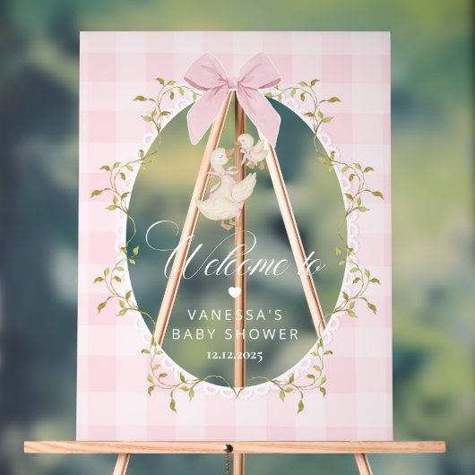 Silly Goose Pink Gingham Baby Shower Welcome アクリルサイン (ニュートラル)