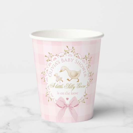 Silly Goose Pink Gingham Bow Baby Shower 紙コップ (裏面)