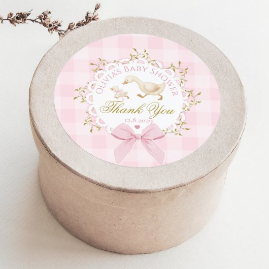 Silly Goose Pink Gingham Bow Baby Shower Thank you ラウンドシール