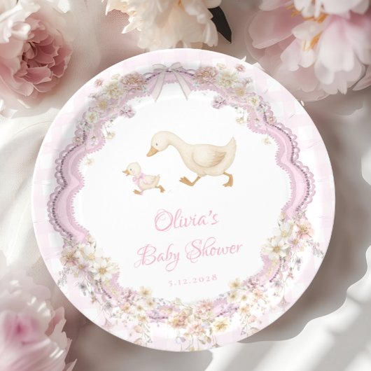 Silly Goose Pink Gingham Girl Baby Shower ペーパープレート
