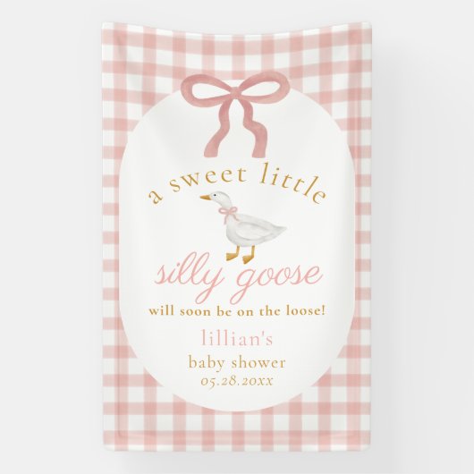 Silly Goose Pink Gingham Girl Baby Shower 横断幕 (縦)