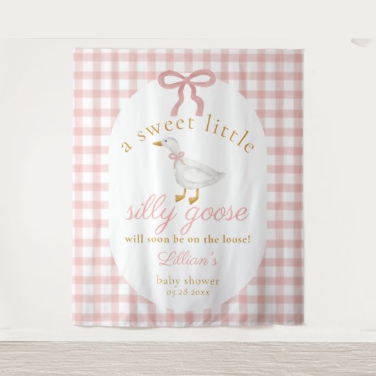 Silly Goose Pink Gingham Girl Baby Shower Backdrop タペストリー (正面)