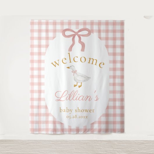 Silly Goose Pink Gingham Girl Baby Shower Backdrop タペストリー (正面)
