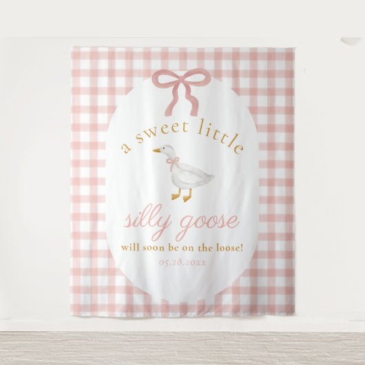 Silly Goose Pink Gingham Girl Baby Shower Backdrop タペストリー (正面)