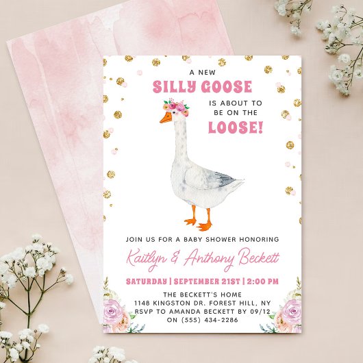 Silly Goose Pink Watercolor Girls Baby Shower 招待状