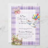 Silly Goose Purple Gingham Balloons Baby Shower 招待状 (正面)