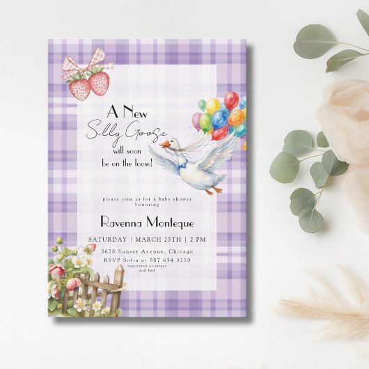 Silly Goose Purple Gingham Balloons Baby Shower 招待状