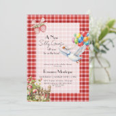 Silly Goose Red Gingham Balloons Baby Shower 招待状 (スタンド正面)