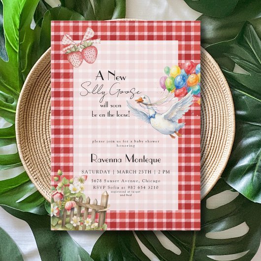 Silly Goose Red Gingham Balloons Baby Shower 招待状