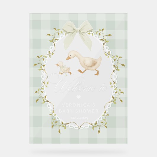 Silly Goose Sage Gingham Baby Shower Welcome アクリルサイン (正面)