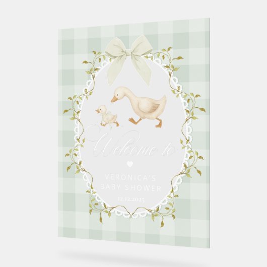 Silly Goose Sage Gingham Baby Shower Welcome アクリルサイン (傾斜)