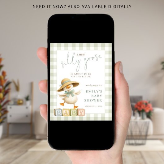 Silly Goose Sage Gingham Welcome to Baby Shower ポスター