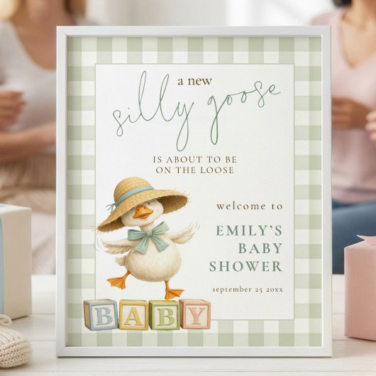 Silly Goose Sage Gingham Welcome to Baby Shower ポスター