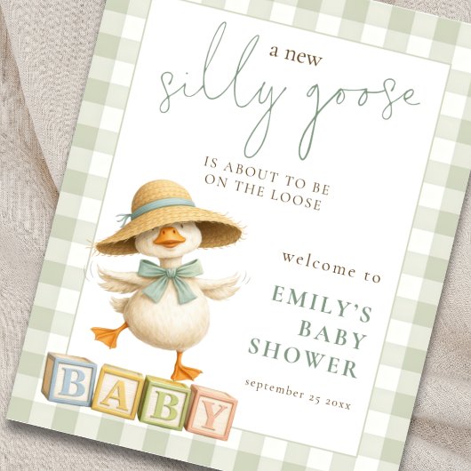Silly Goose Sage Gingham Welcome to Baby Shower ポスター