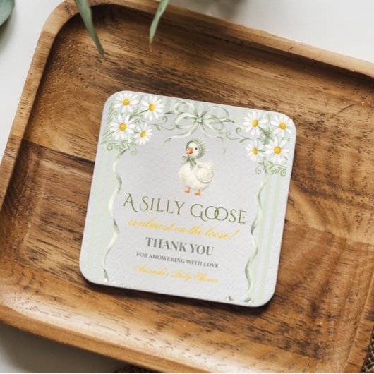 Silly Goose Sage Green Gender Neutral Baby Shower スクエアペーパーコースター