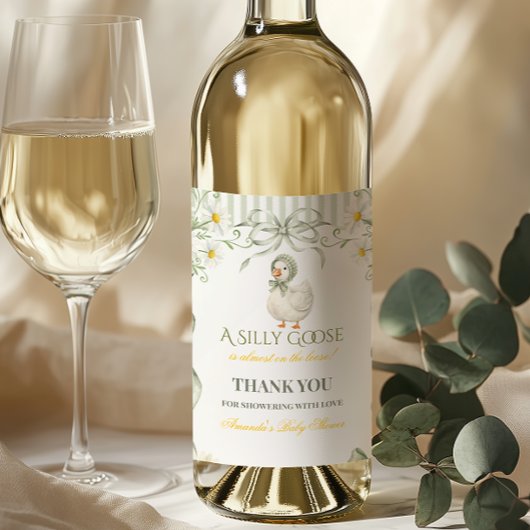 Silly Goose Sage Green Gender Neutral Baby Shower ワインラベル
