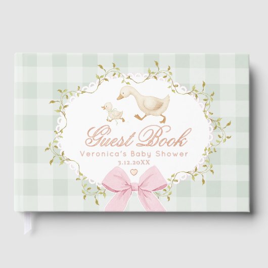 Silly Goose Sage Pink Gingham Baby Shower ゲストブック (正面)
