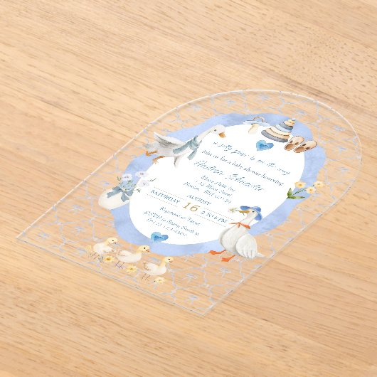 Silly Goose Whimsical Bow Baby Boy Shower アクリル招待状 (レイダウン)