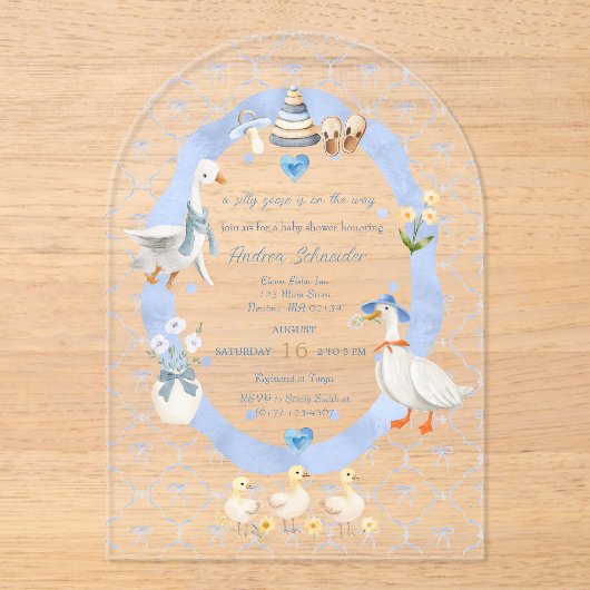 Silly Goose Whimsical Bow Baby Boy Shower アクリル招待状 (正面)