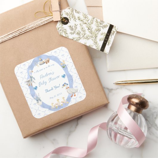 Silly Goose Whimsical Bow Baby Boy Shower スクエアシール (ギフト)
