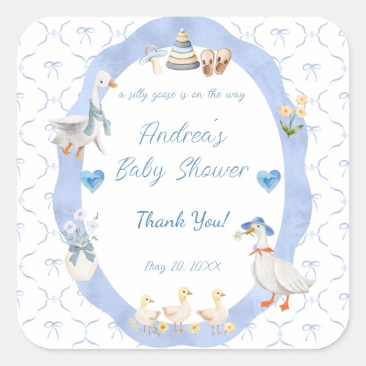 Silly Goose Whimsical Bow Baby Boy Shower スクエアシール (正面)