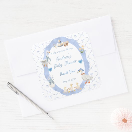 Silly Goose Whimsical Bow Baby Boy Shower スクエアシール (封筒)