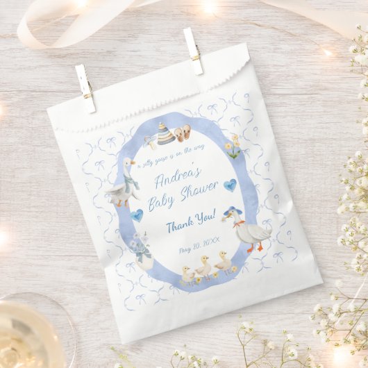 Silly Goose Whimsical Bow Baby Boy Shower フェイバーバッグ (クリップ留めされた状態)