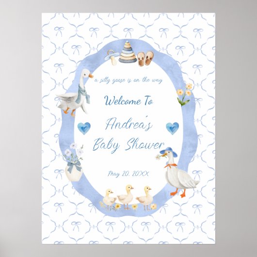 Silly Goose Whimsical Bow Baby Boy Shower Welcome ポスター (正面)